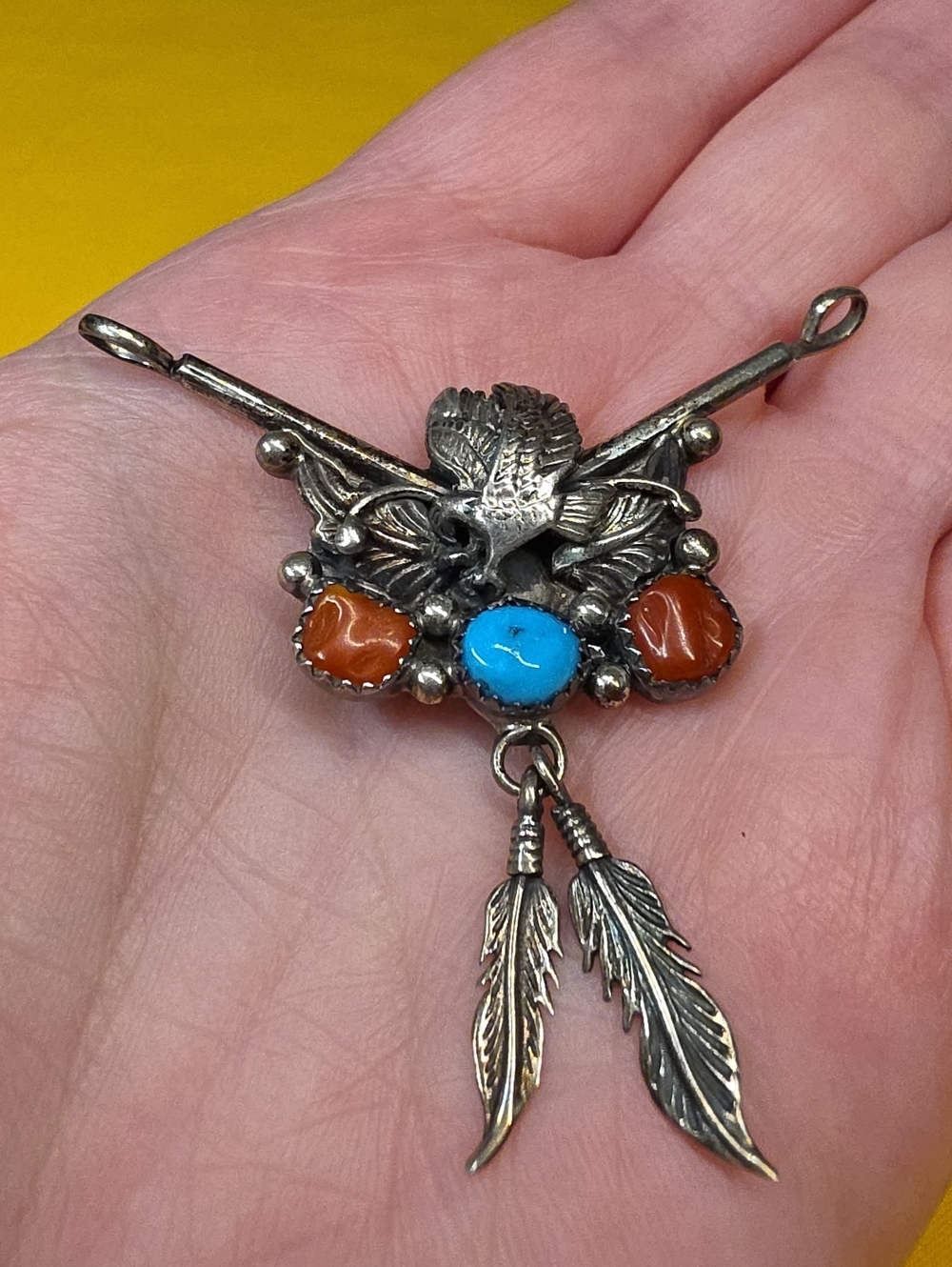Vintage Navajo Dual Loop Sterling Pendant ▪ Silver Eagle w/Turquoise & Red Coral